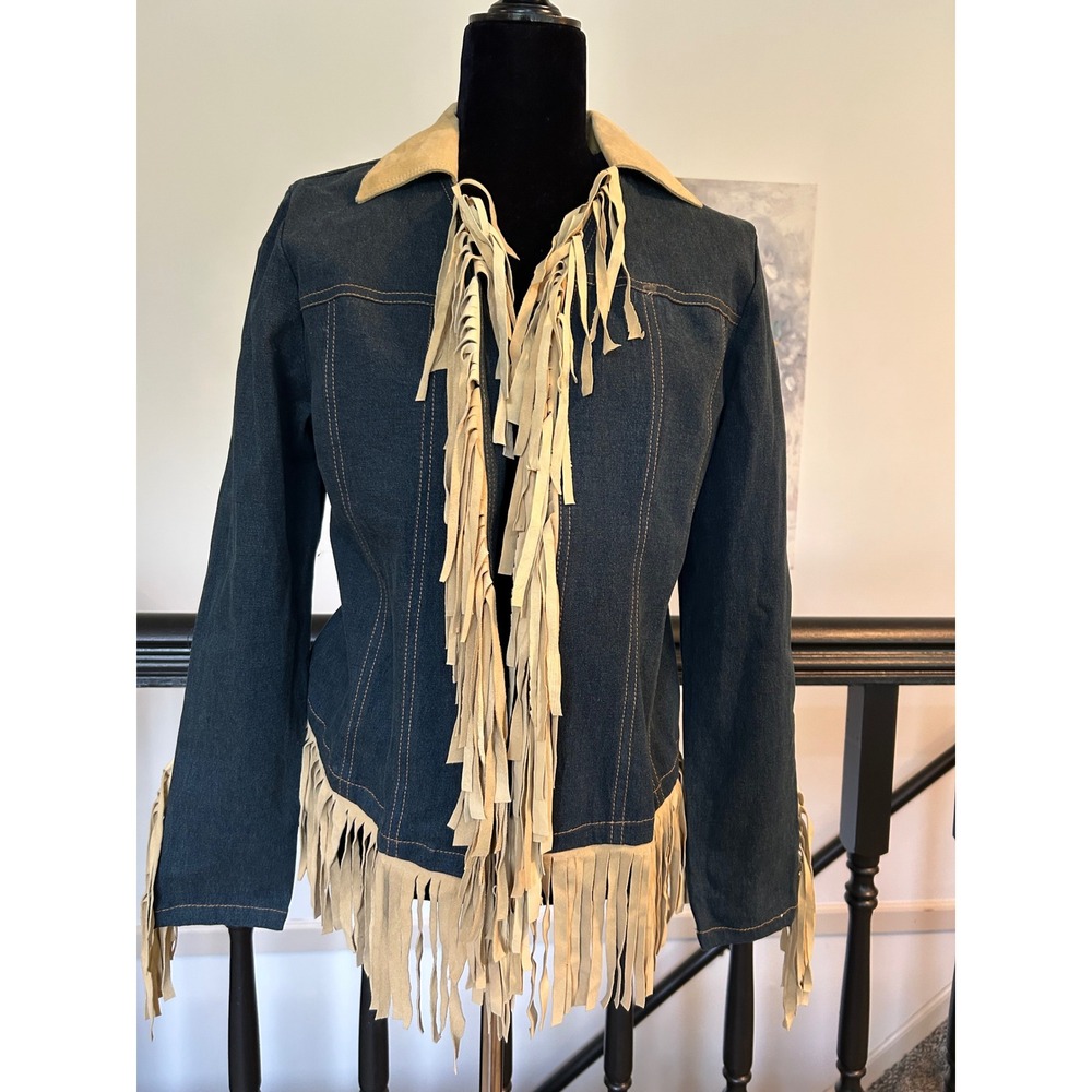 Taiga Denim Fringe Jacket Tan Suede Trim Western Boho Dark Wash Medium L1160